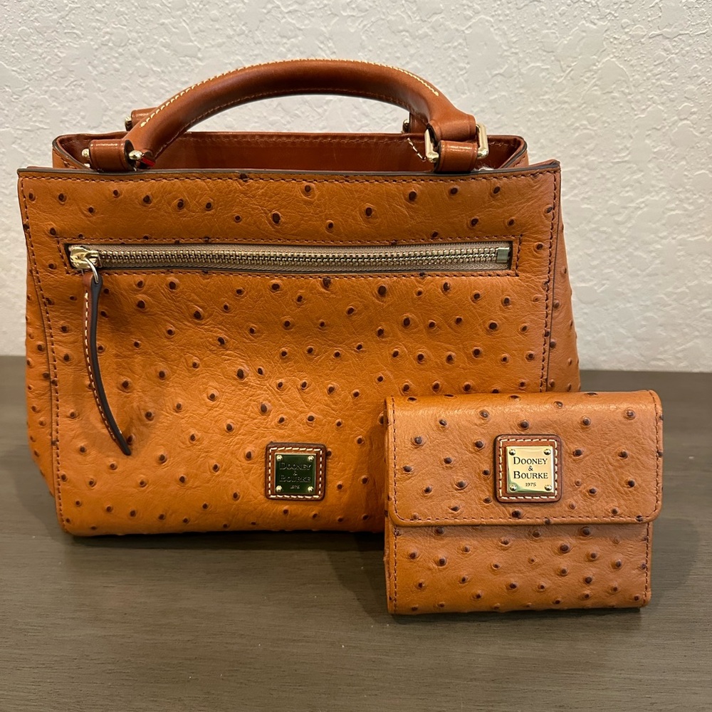 Dooney & Bourke Ostrich Small Zip Satchel w/ Matching Ostrich Small Flap Wallet